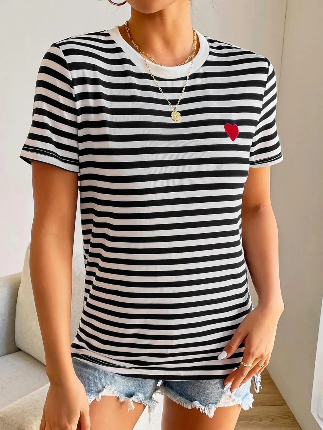 Floerns Women's Casual Striped Crew Neck Short Sleeve T Shirts Tee Tops