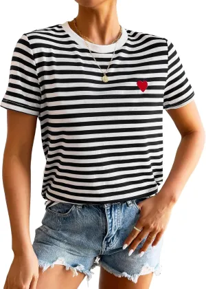 Floerns Women's Casual Striped Crew Neck Short Sleeve T Shirts Tee Tops