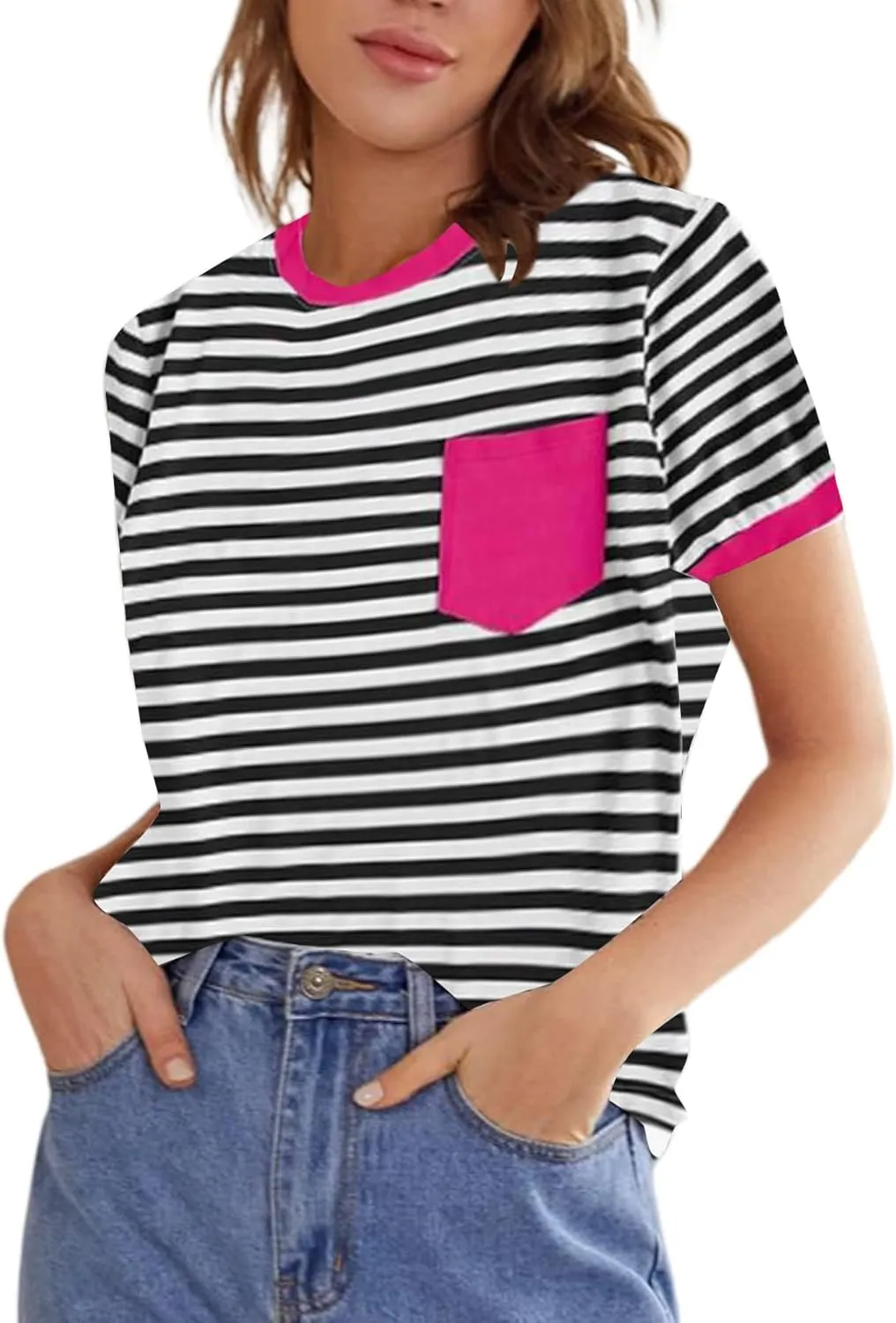 Floerns Women's Casual Striped Crew Neck Short Sleeve T Shirts Tee Tops