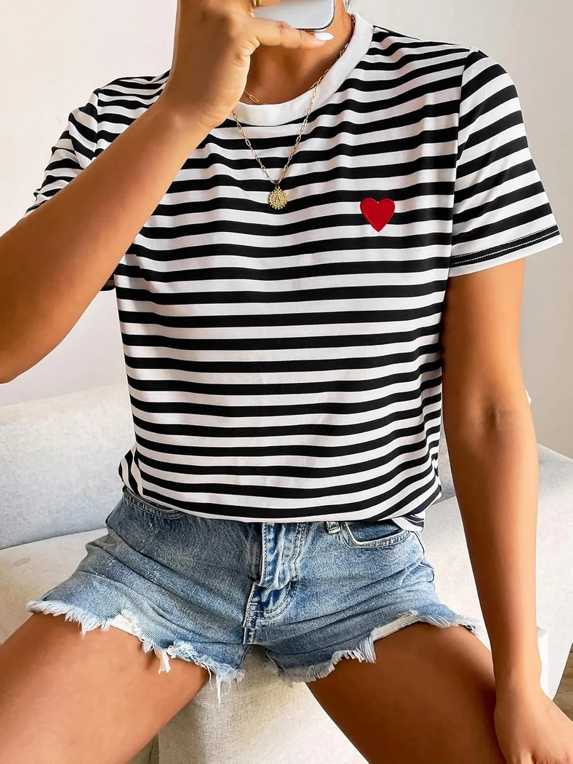 Floerns Women's Casual Striped Crew Neck Short Sleeve T Shirts Tee Tops