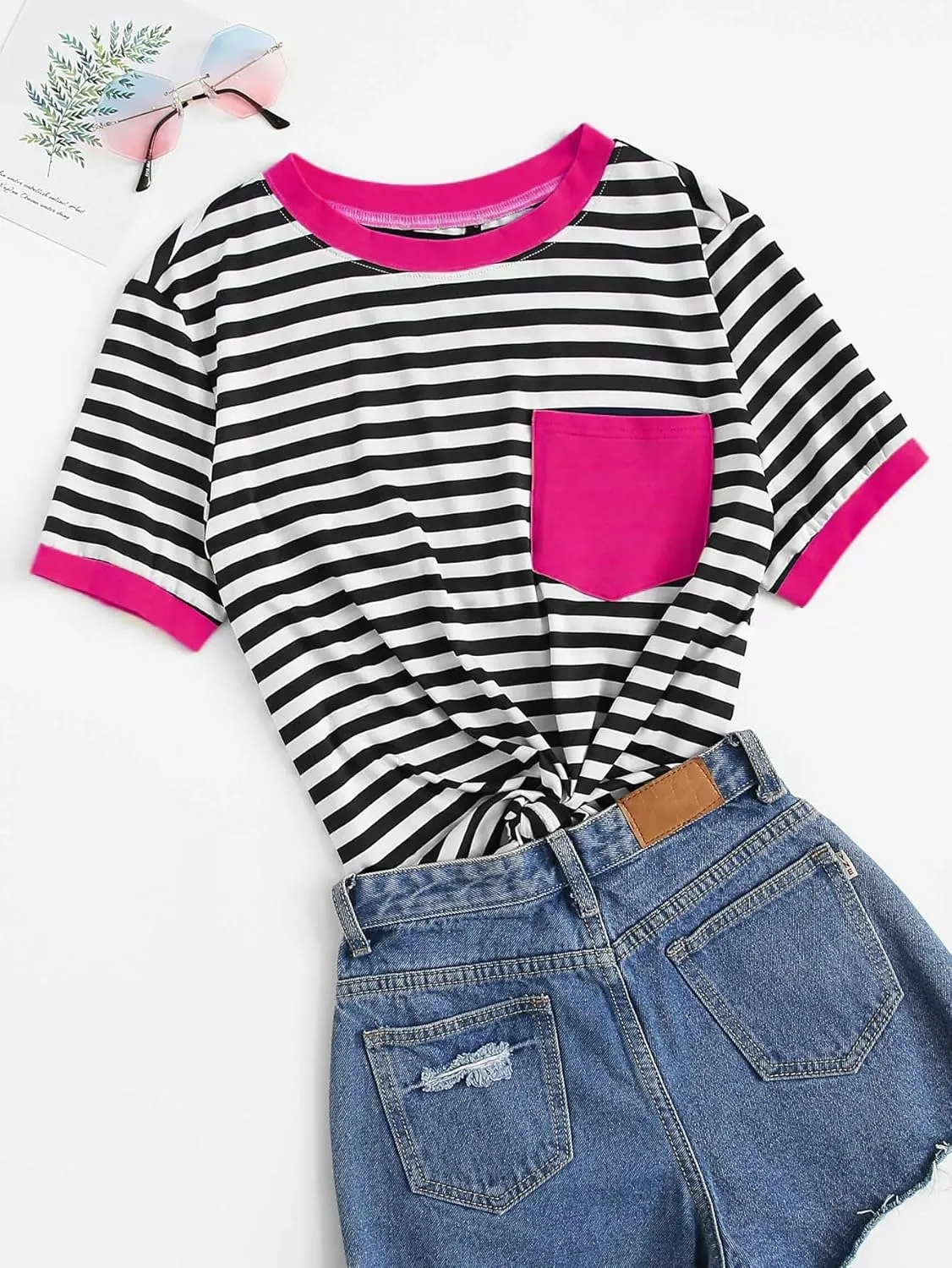 Floerns Women's Casual Striped Crew Neck Short Sleeve T Shirts Tee Tops
