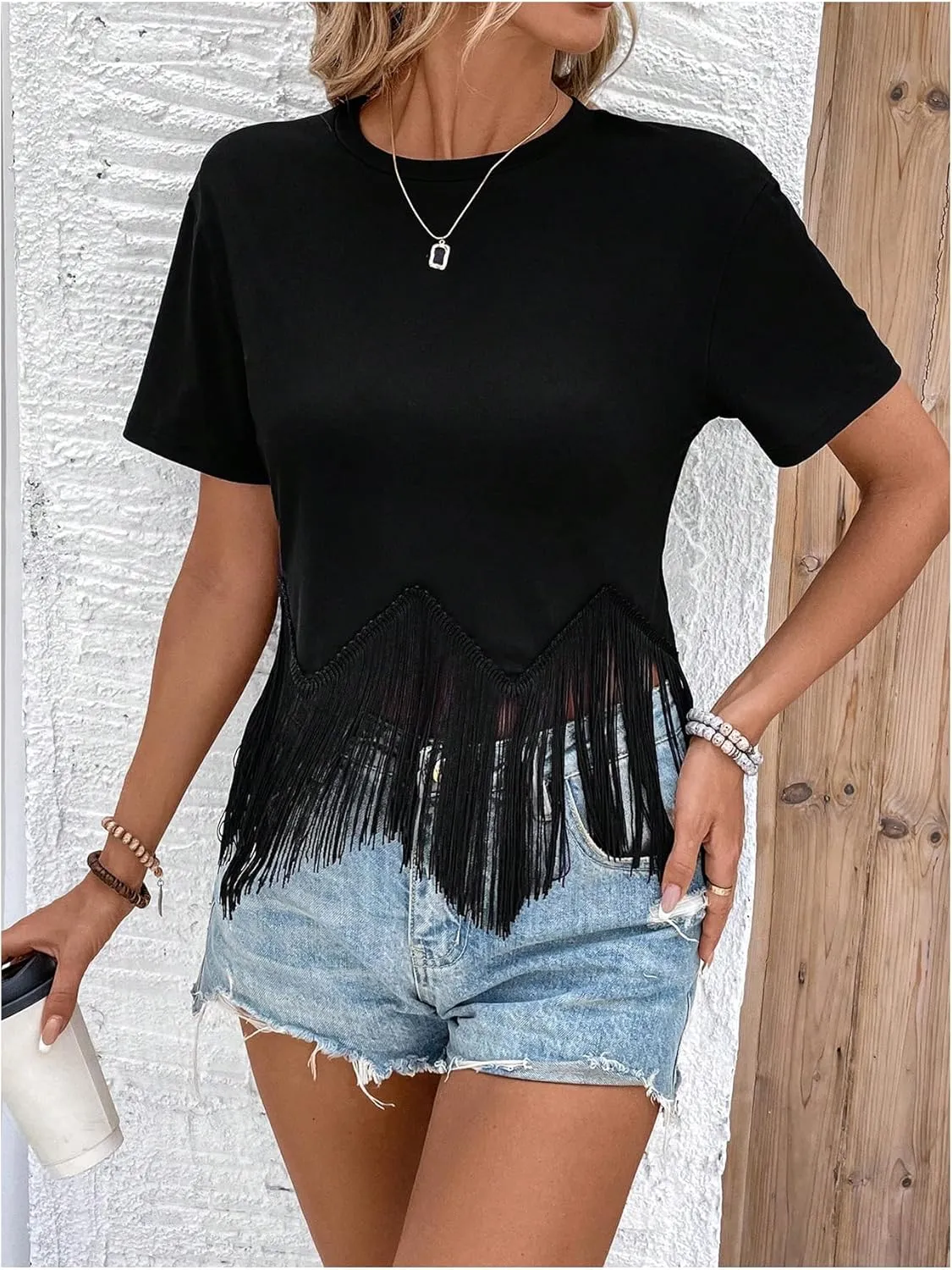 Floerns Women's Short Sleeve Tee Tops Asymmetrical Fringe Trim Casual T Shirts