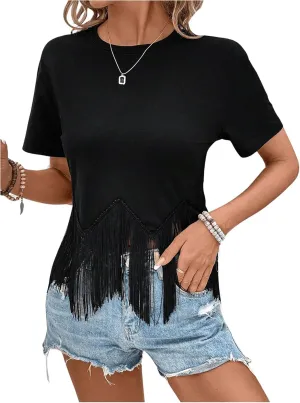 Floerns Women's Short Sleeve Tee Tops Asymmetrical Fringe Trim Casual T Shirts
