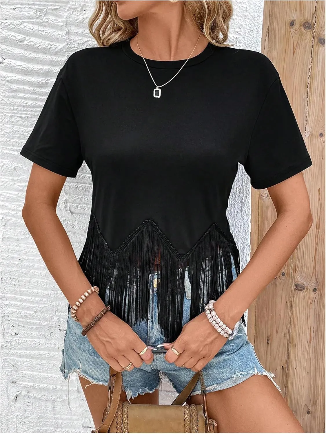 Floerns Women's Short Sleeve Tee Tops Asymmetrical Fringe Trim Casual T Shirts