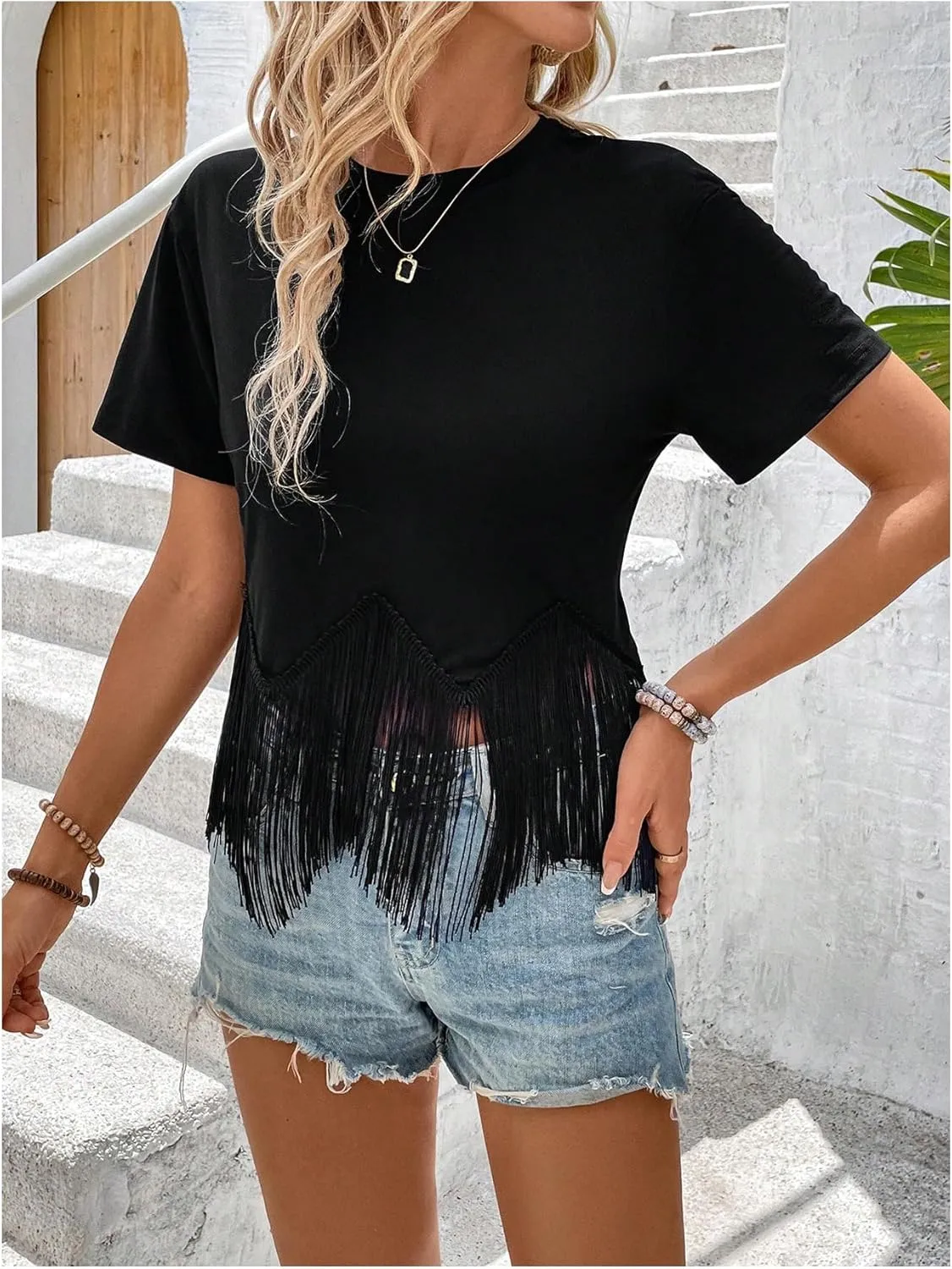 Floerns Women's Short Sleeve Tee Tops Asymmetrical Fringe Trim Casual T Shirts