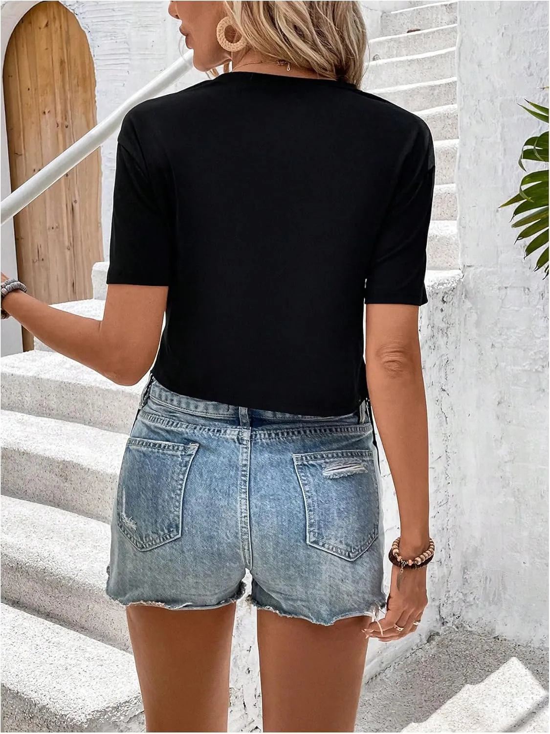 Floerns Women's Short Sleeve Tee Tops Asymmetrical Fringe Trim Casual T Shirts