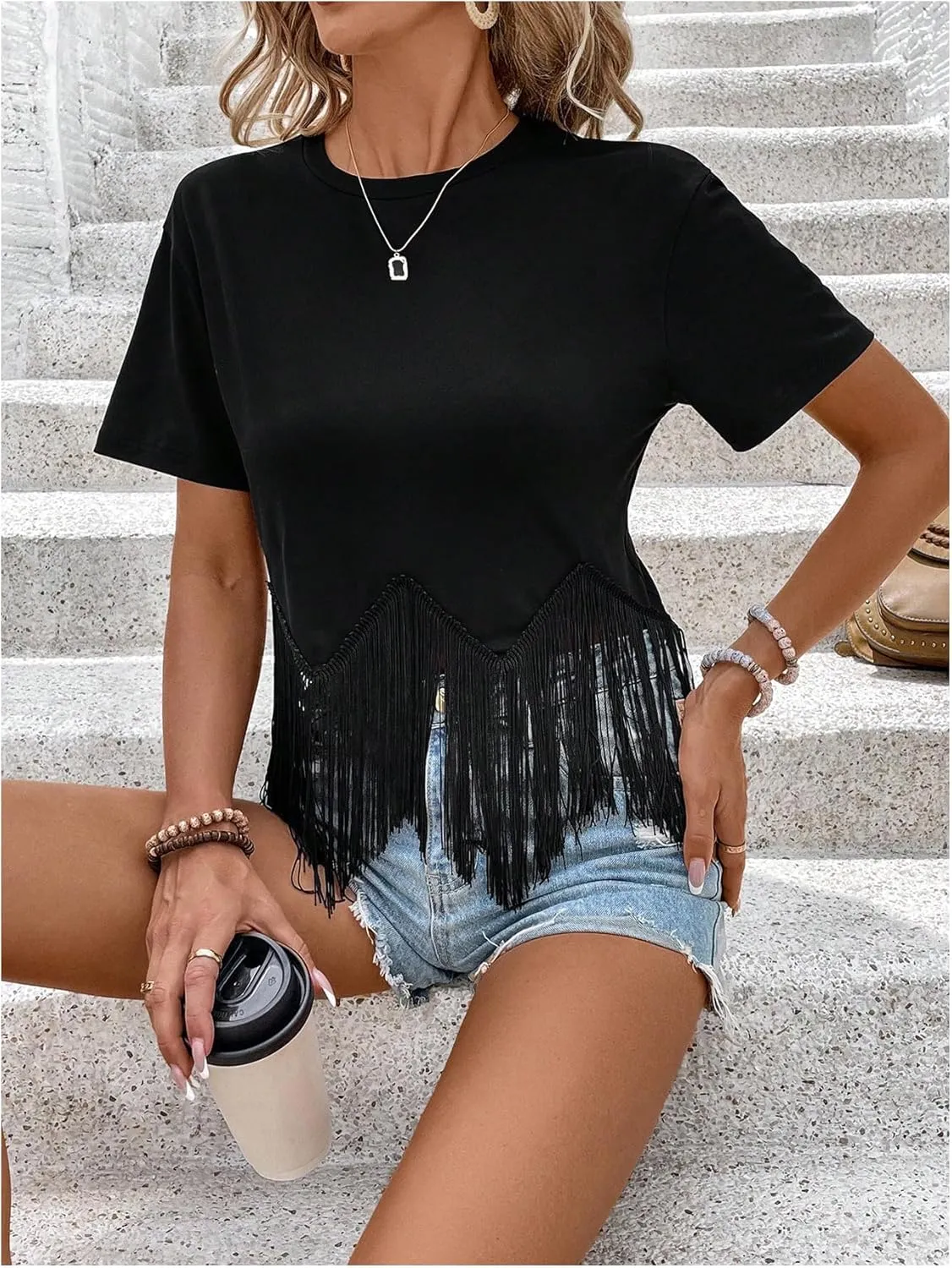 Floerns Women's Short Sleeve Tee Tops Asymmetrical Fringe Trim Casual T Shirts