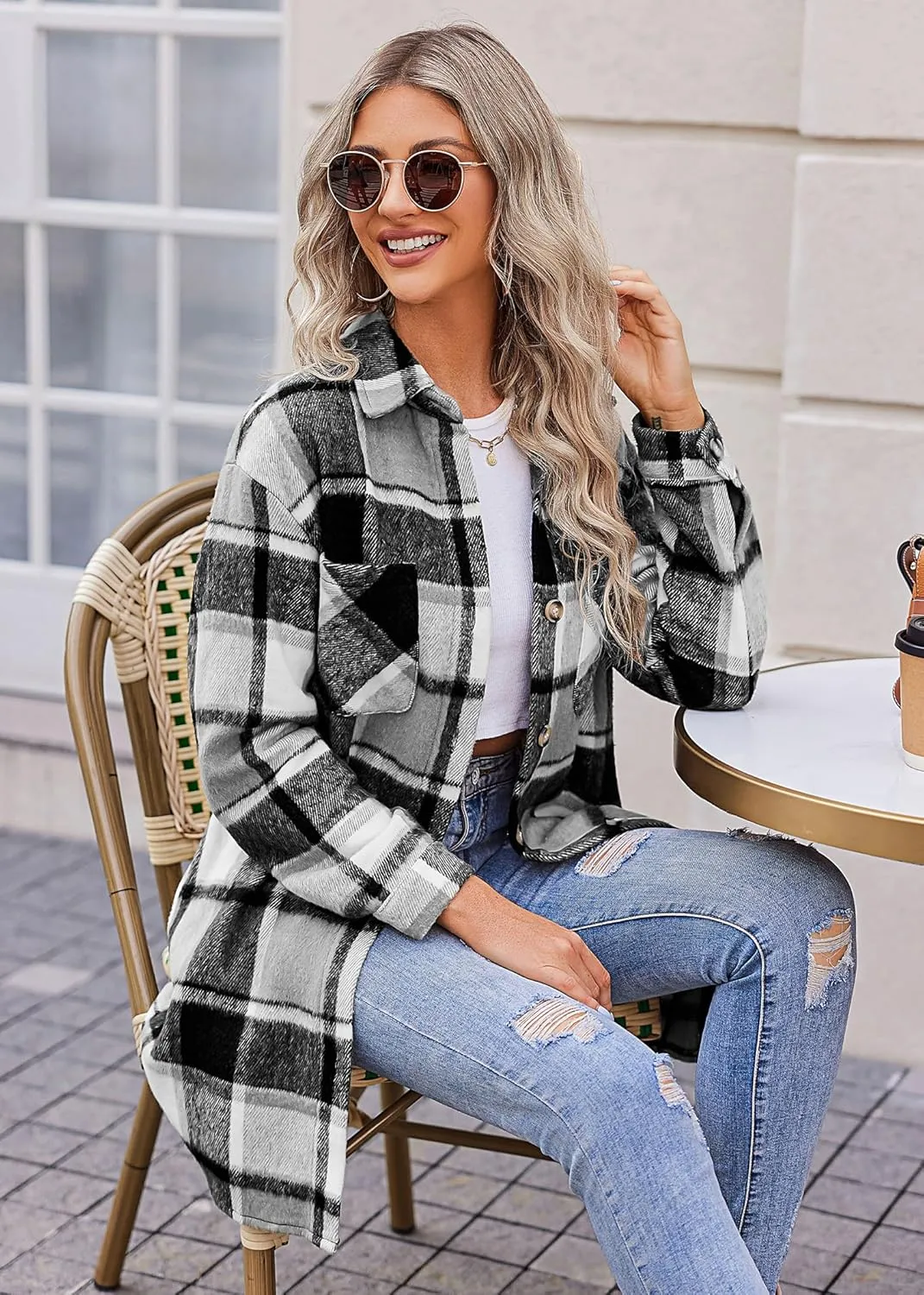 HOTOUCH Womens Flannel Plaid Shacket Jacket Casual Lapel Button Down Tartan Trench Coat Long Sleeve Shirts with Pockets