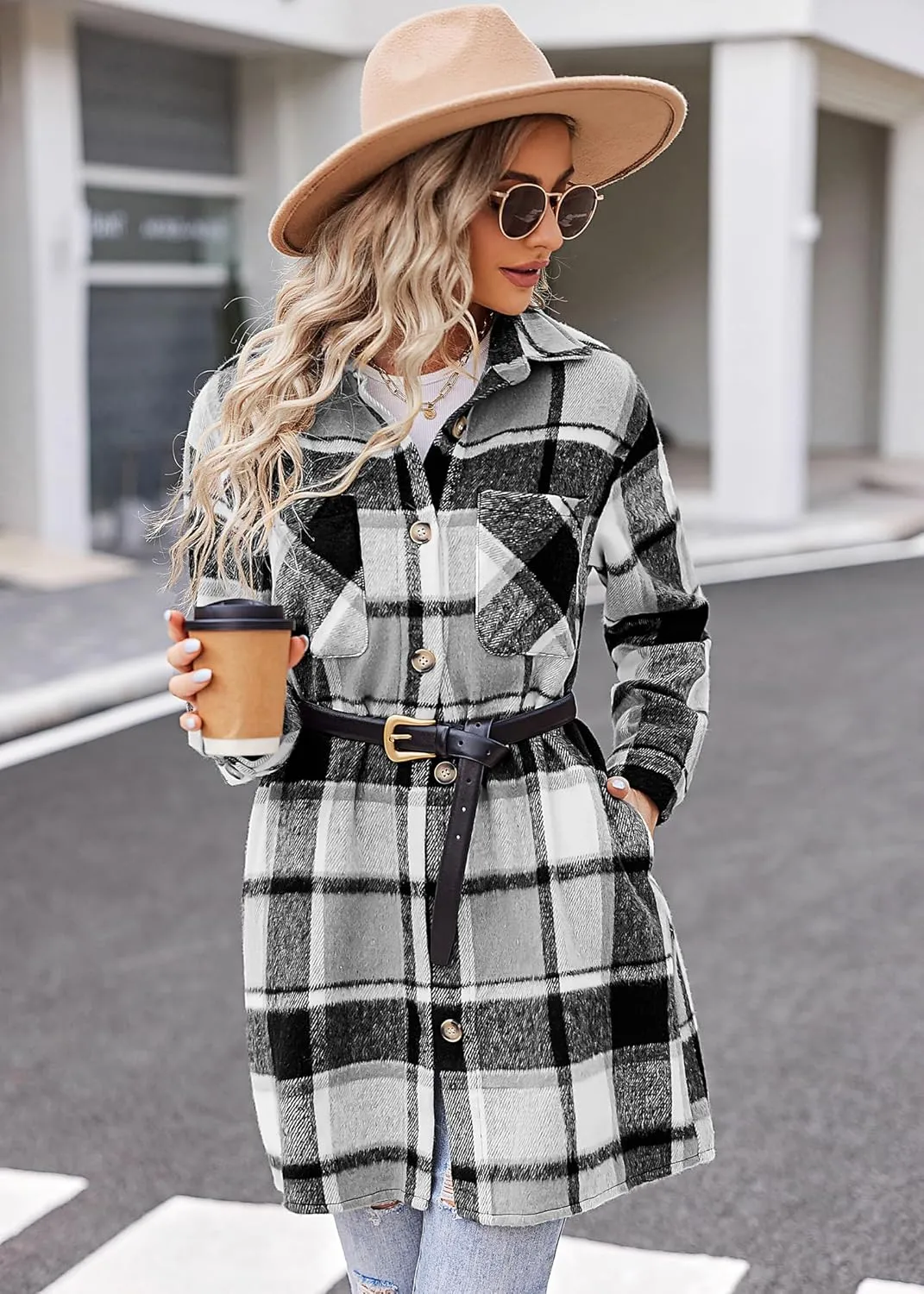 HOTOUCH Womens Flannel Plaid Shacket Jacket Casual Lapel Button Down Tartan Trench Coat Long Sleeve Shirts with Pockets