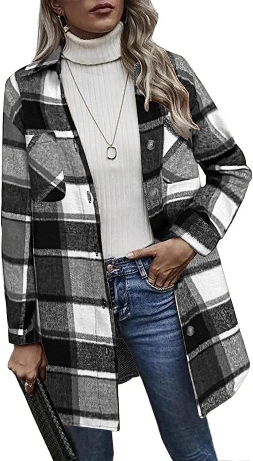 HOTOUCH Womens Flannel Plaid Shacket Jacket Casual Lapel Button Down Tartan Trench Coat Long Sleeve Shirts with Pockets