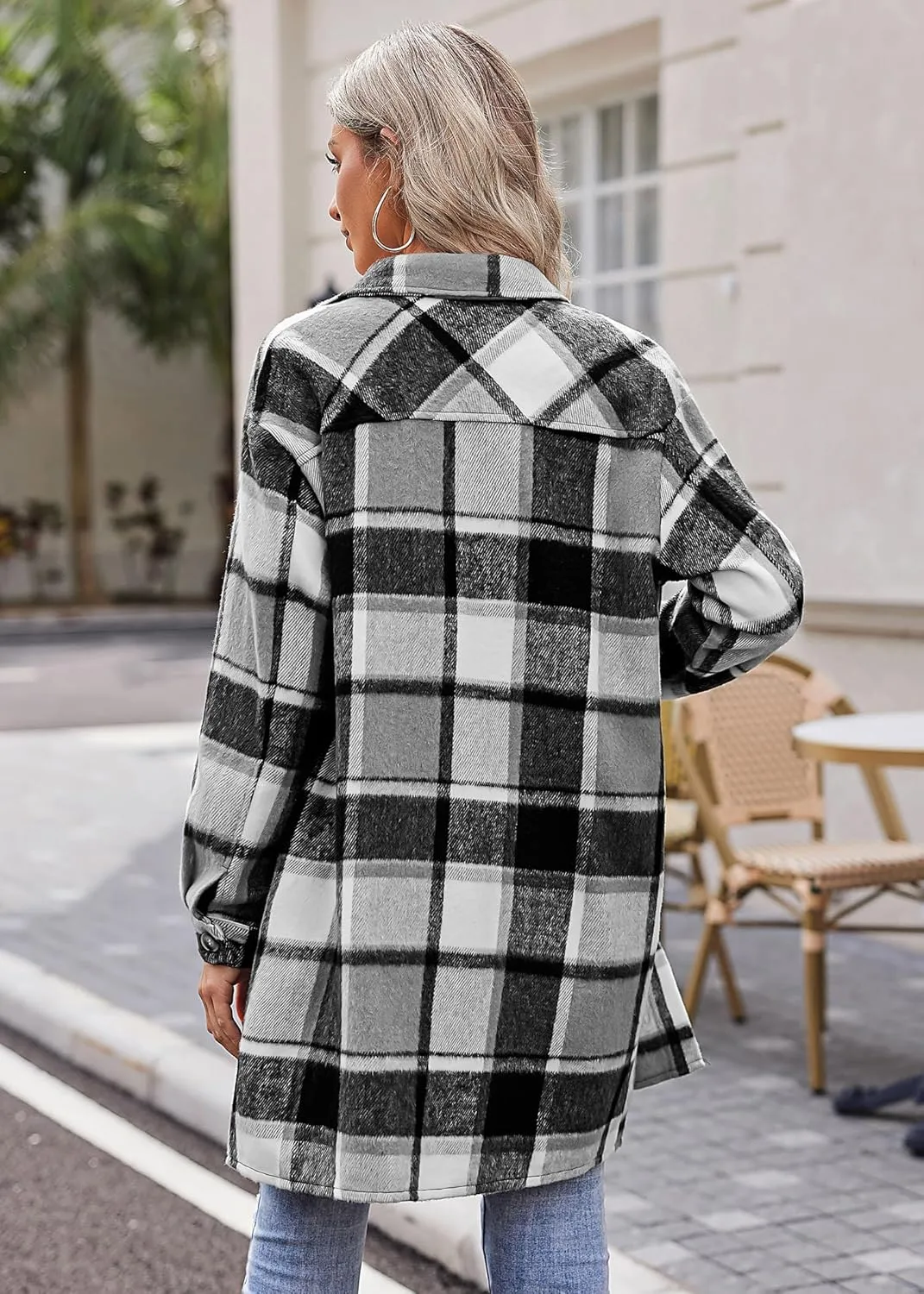 HOTOUCH Womens Flannel Plaid Shacket Jacket Casual Lapel Button Down Tartan Trench Coat Long Sleeve Shirts with Pockets
