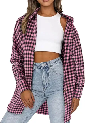 HOTOUCH Womens Flannel Plaid Shirts Cotton Casual Long Sleeve Blouse Classic Collared Button Down 2025 Fall Tops S-2XL