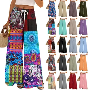 HXHYQKP Wide Leg Pants for Women Summer Beach Palazzo Pants High Elastic Waist Drawstring Trouser with Pockets