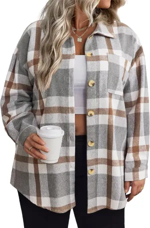 IN'VOLAND Women's Plus Size Plaid Shacket Long Sleeve Button Down Flannel Shirts Casual Jacket Coats