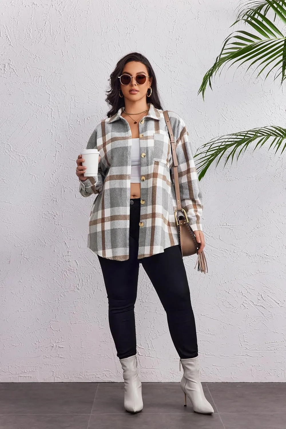 IN'VOLAND Women's Plus Size Plaid Shacket Long Sleeve Button Down Flannel Shirts Casual Jacket Coats