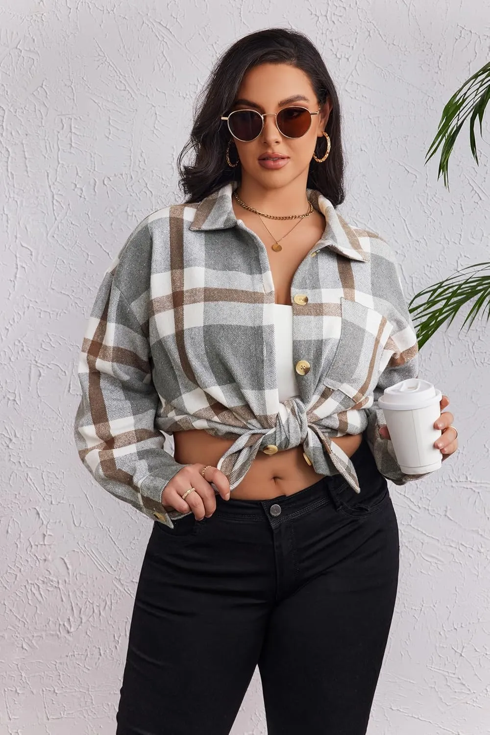 IN'VOLAND Women's Plus Size Plaid Shacket Long Sleeve Button Down Flannel Shirts Casual Jacket Coats