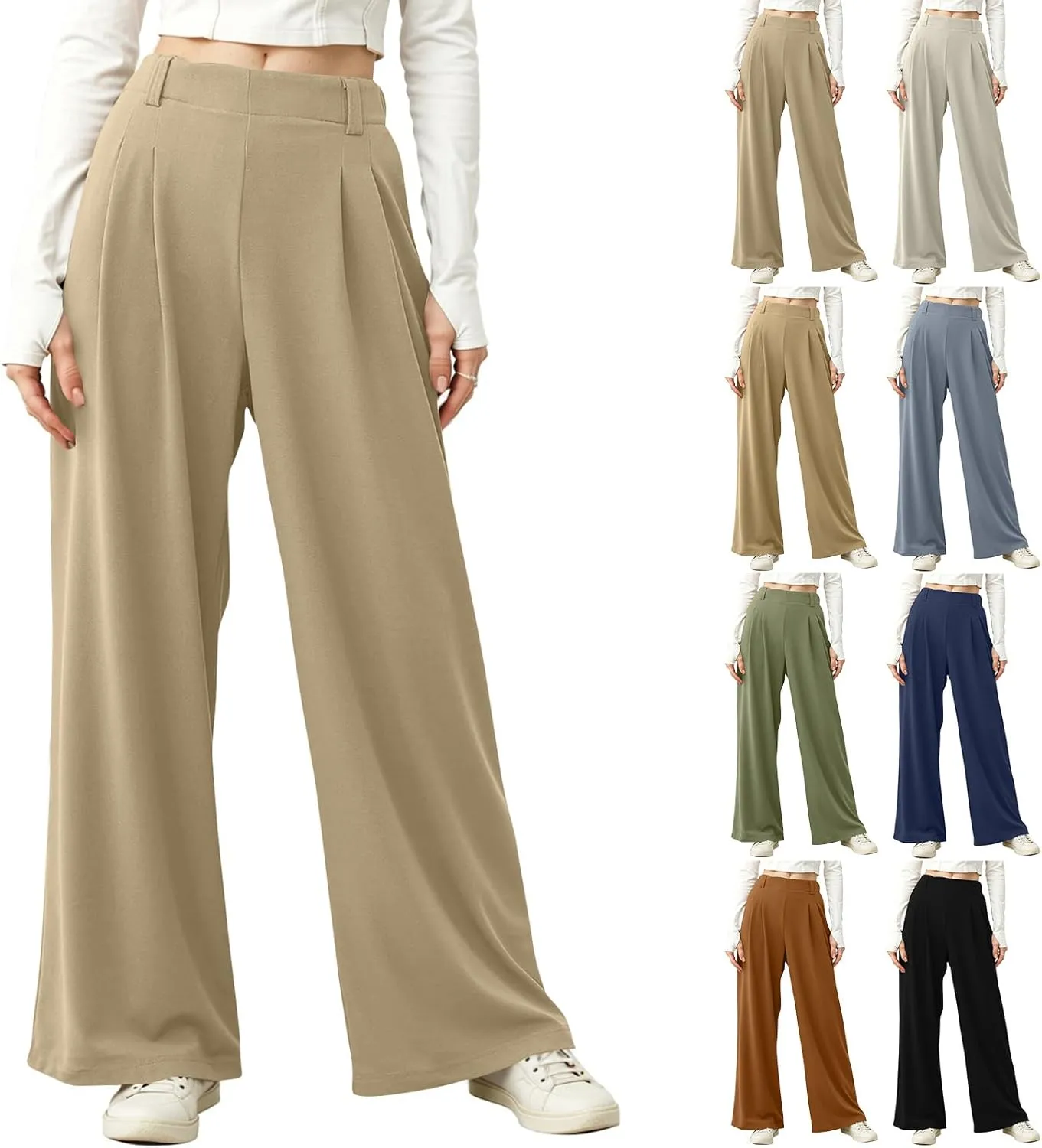Linen Trousers Pants for Women High Waisted Wide Leg Palazzo Pants Business Casual Flowy Dress Work Pant with Pockets