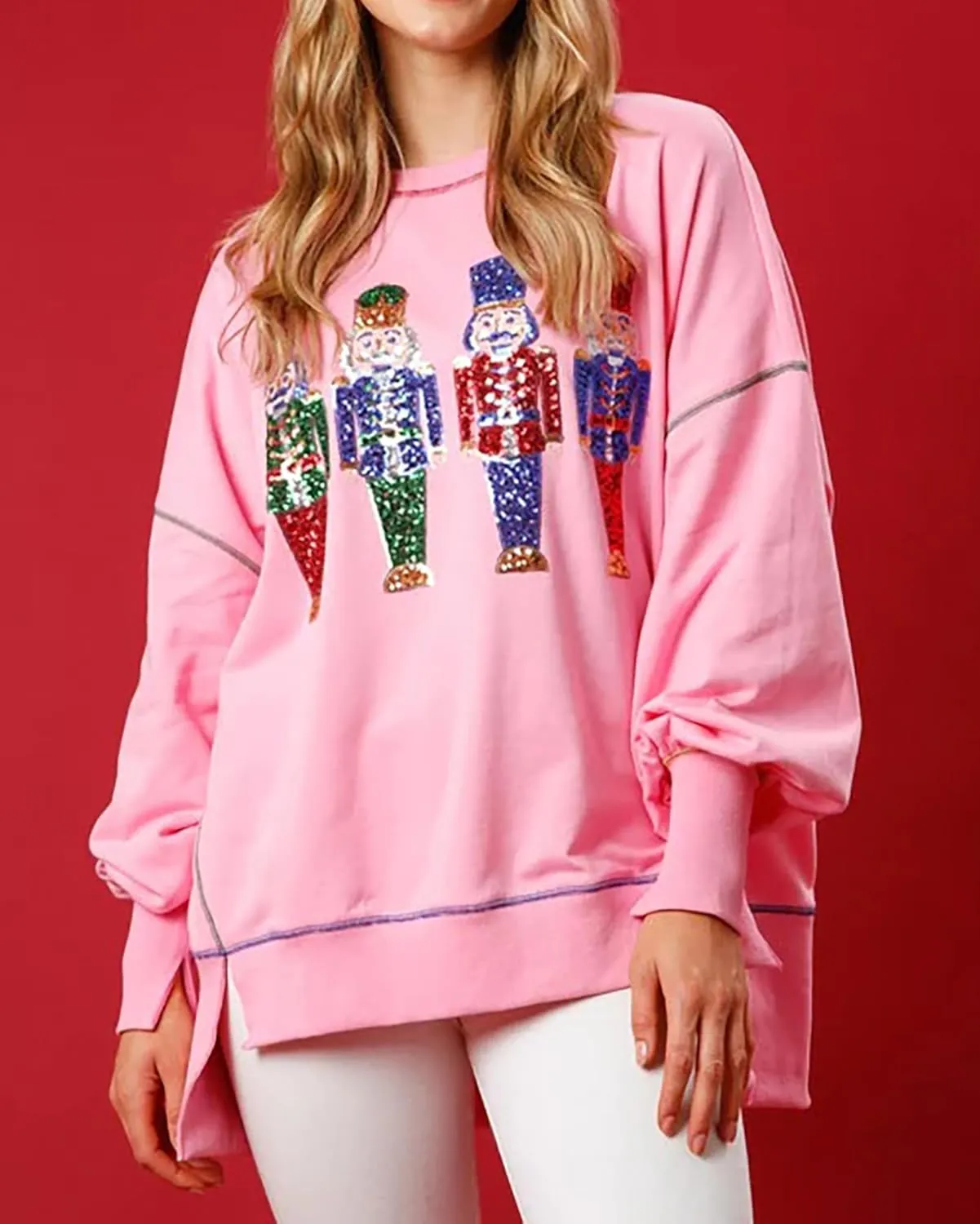 Luckinbaby Women Christmas Sequin Graphic Sweatshirts Long Sleeve Oversized Pullover Shirts Xmas Print Sweater Gift Tops