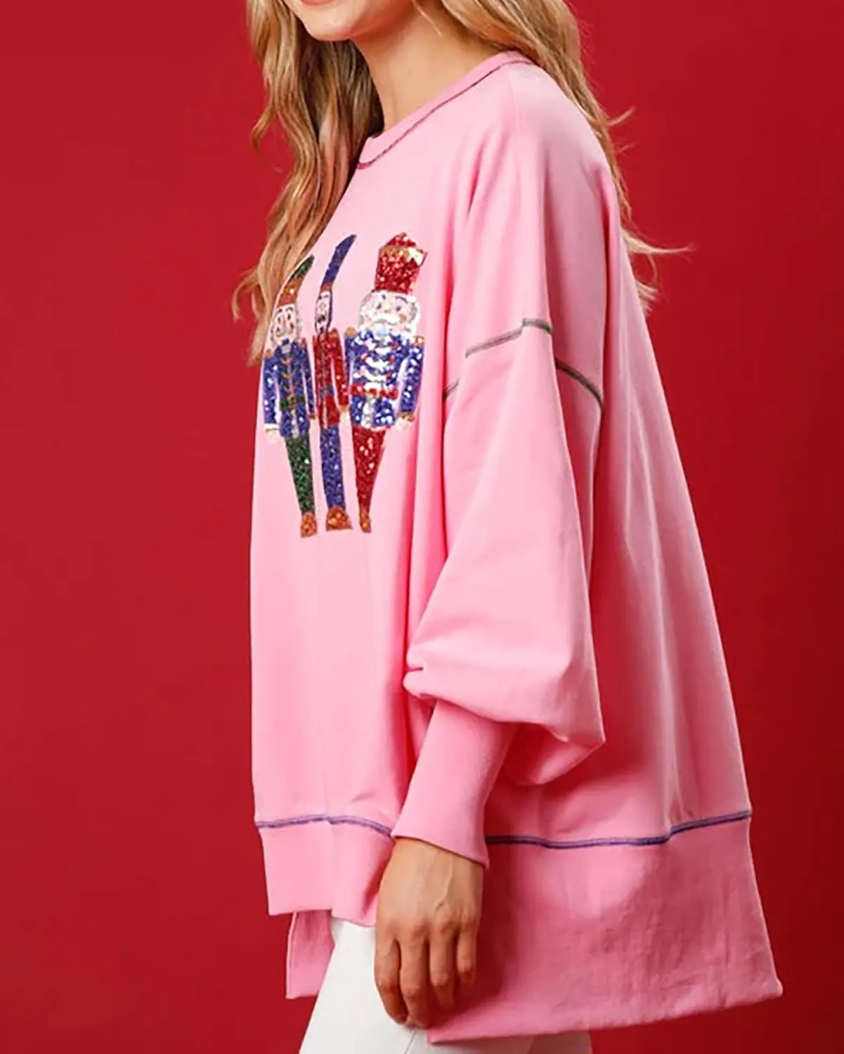 Luckinbaby Women Christmas Sequin Graphic Sweatshirts Long Sleeve Oversized Pullover Shirts Xmas Print Sweater Gift Tops