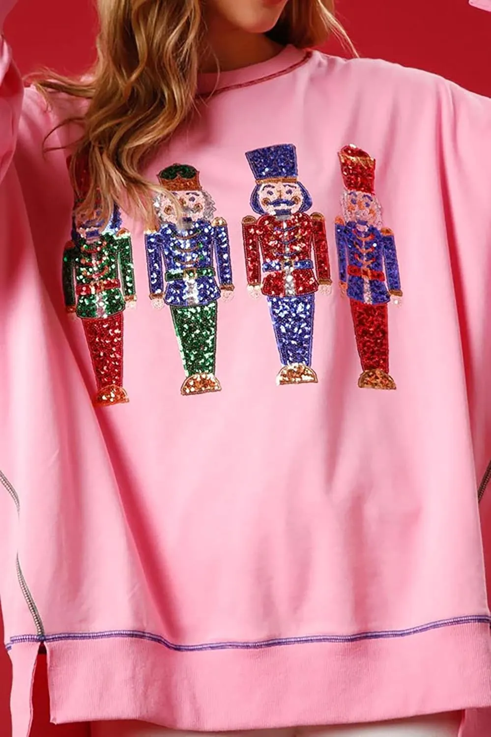 Luckinbaby Women Christmas Sequin Graphic Sweatshirts Long Sleeve Oversized Pullover Shirts Xmas Print Sweater Gift Tops