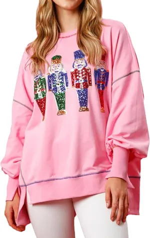 Luckinbaby Women Christmas Sequin Graphic Sweatshirts Long Sleeve Oversized Pullover Shirts Xmas Print Sweater Gift Tops