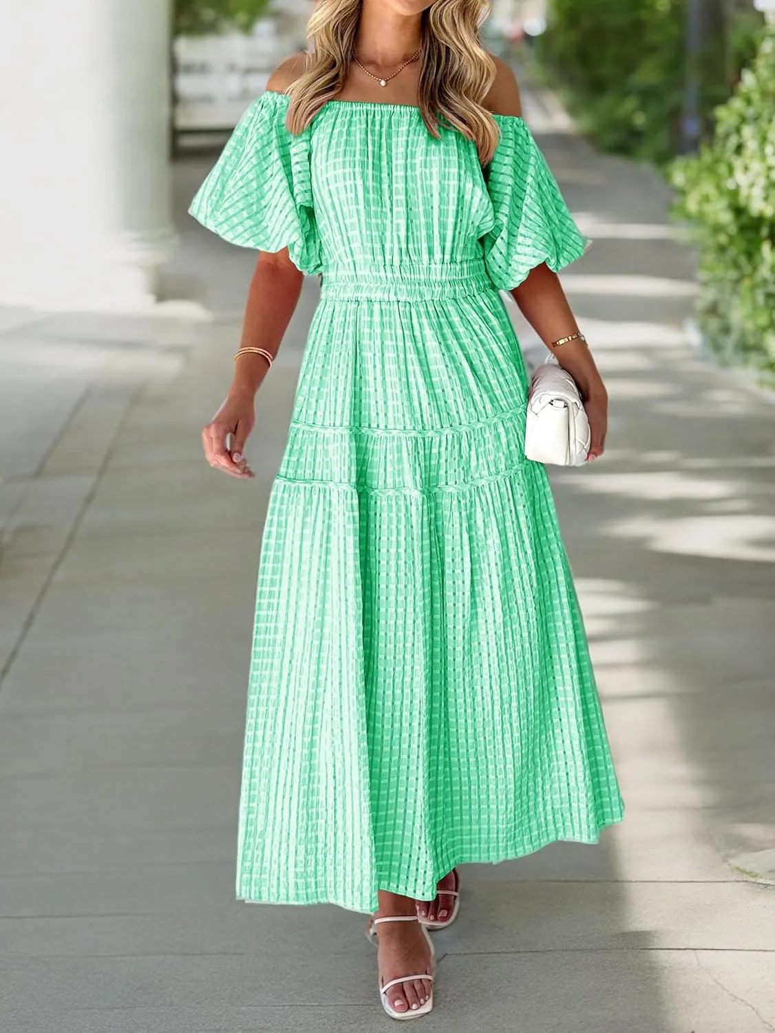 MASCOMODA Off The Shoulder Flowy Maxi Dress for Women 2024 Summer Casual Puff Short Sleeve Smocked Ruffle Beach Long Dresses