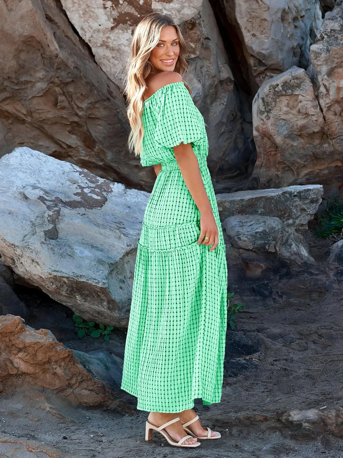 MASCOMODA Off The Shoulder Flowy Maxi Dress for Women 2024 Summer Casual Puff Short Sleeve Smocked Ruffle Beach Long Dresses