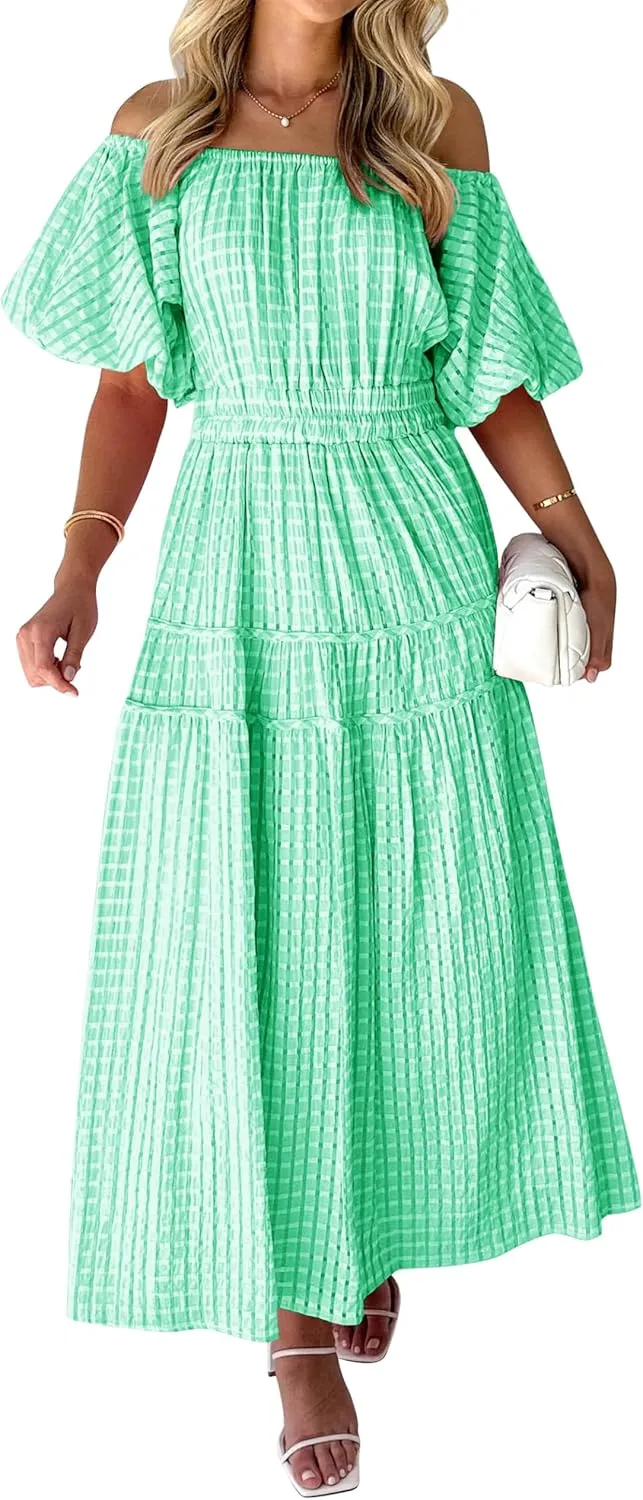 MASCOMODA Off The Shoulder Flowy Maxi Dress for Women 2024 Summer Casual Puff Short Sleeve Smocked Ruffle Beach Long Dresses