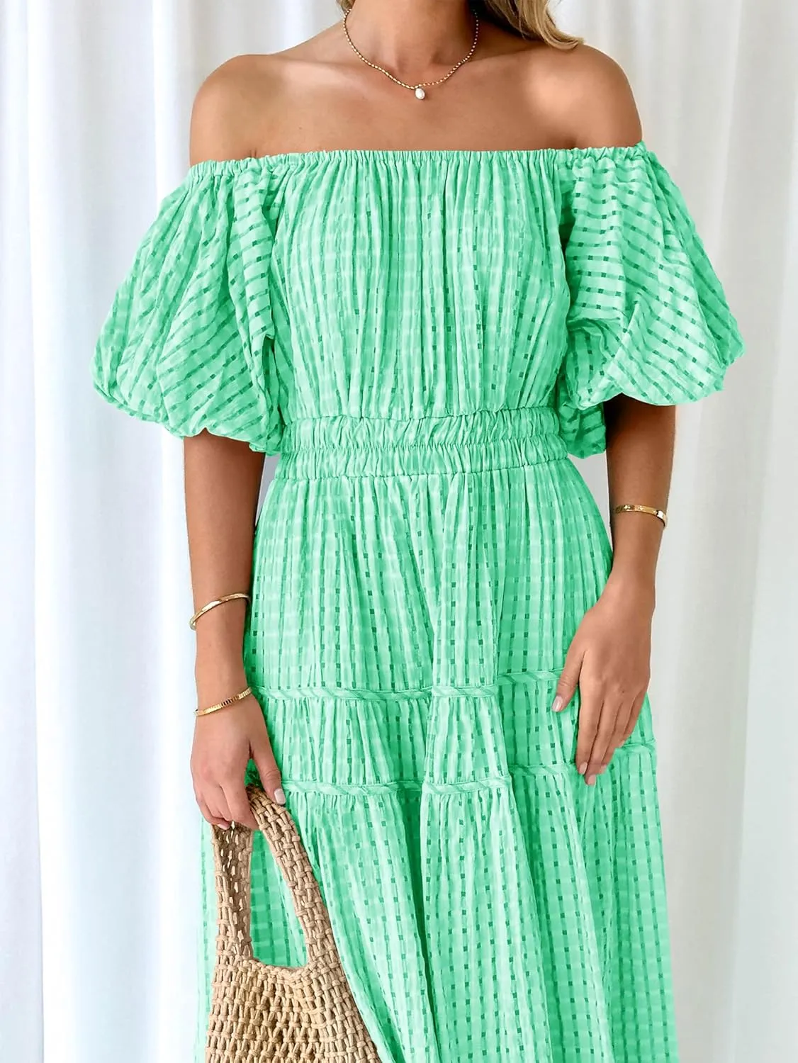 MASCOMODA Off The Shoulder Flowy Maxi Dress for Women 2024 Summer Casual Puff Short Sleeve Smocked Ruffle Beach Long Dresses