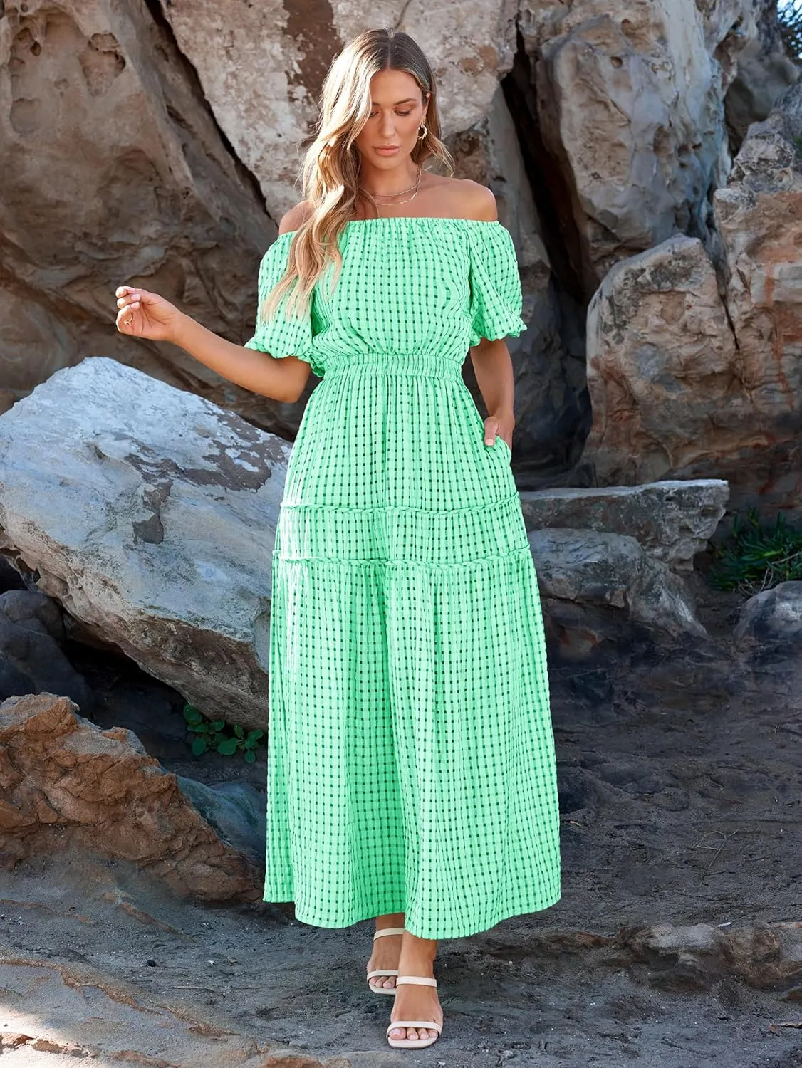 MASCOMODA Off The Shoulder Flowy Maxi Dress for Women 2024 Summer Casual Puff Short Sleeve Smocked Ruffle Beach Long Dresses