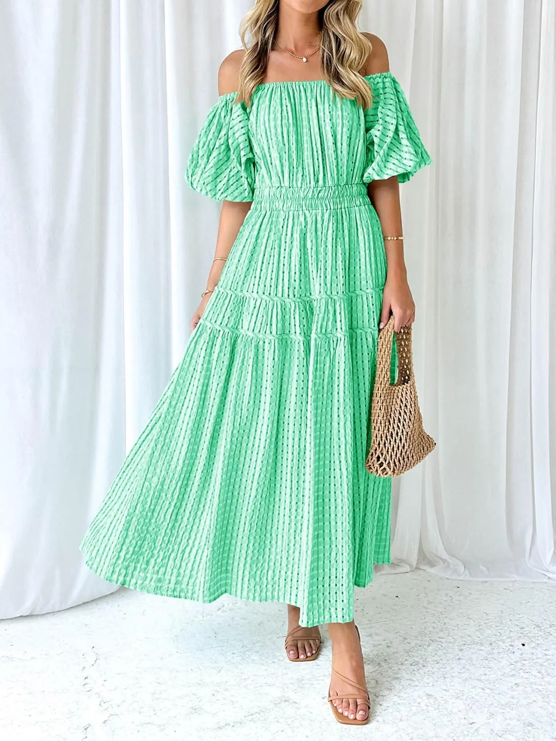 MASCOMODA Off The Shoulder Flowy Maxi Dress for Women 2024 Summer Casual Puff Short Sleeve Smocked Ruffle Beach Long Dresses