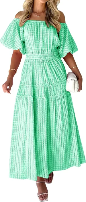 MASCOMODA Off The Shoulder Flowy Maxi Dress for Women 2024 Summer Casual Puff Short Sleeve Smocked Ruffle Beach Long Dresses