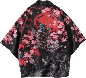 Men Women Japanese Haori Shirt, Y2K Anime Harajuku Kimono Short Sleeve Button Down Aesthetic Top Streetwear Summer