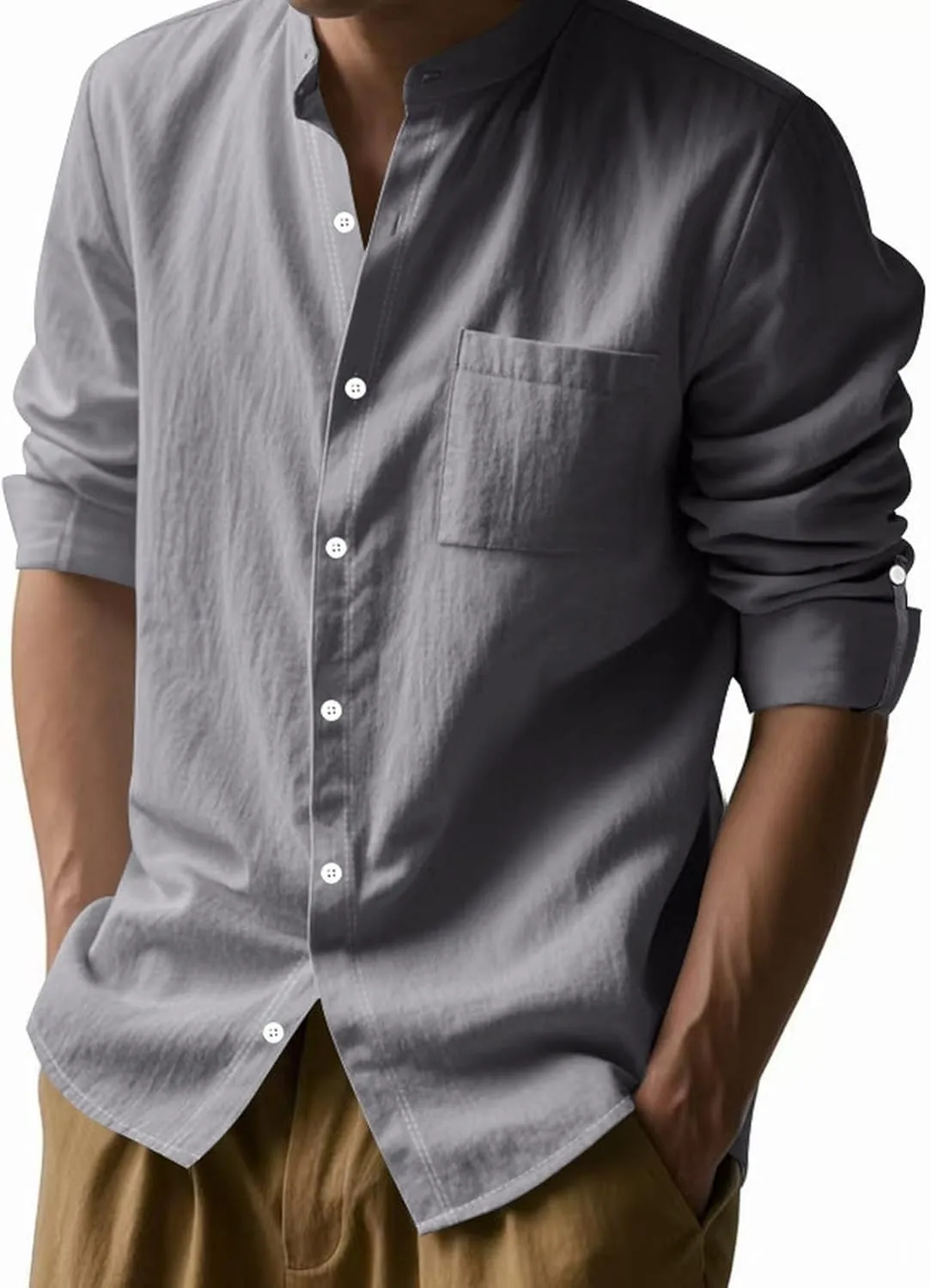 Mens Casual Long Sleeve Cotton Linen Shirts Buttons Down Solid Plain Roll-up Sleeves T-Shirt Henely Summer Beach Tops