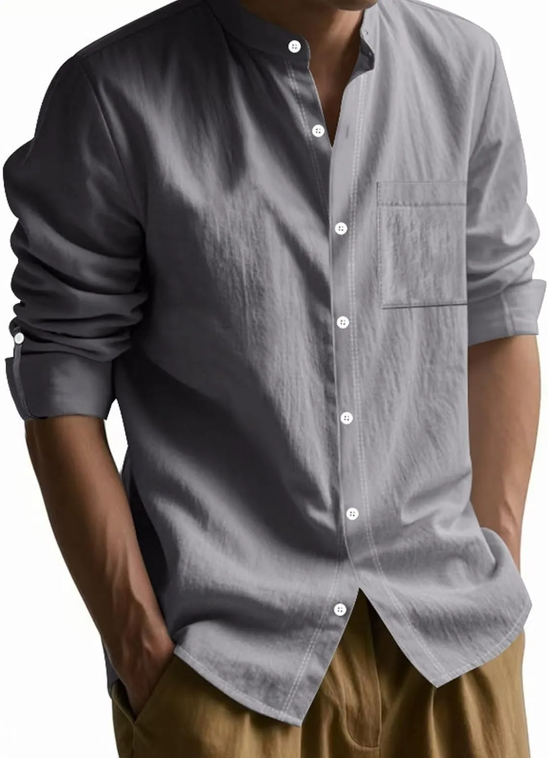Mens Casual Long Sleeve Cotton Linen Shirts Buttons Down Solid Plain Roll-up Sleeves T-Shirt Henely Summer Beach Tops