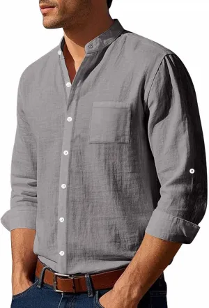 Mens Casual Long Sleeve Cotton Linen Shirts Buttons Down Solid Plain Roll-up Sleeves T-Shirt Henely Summer Beach Tops
