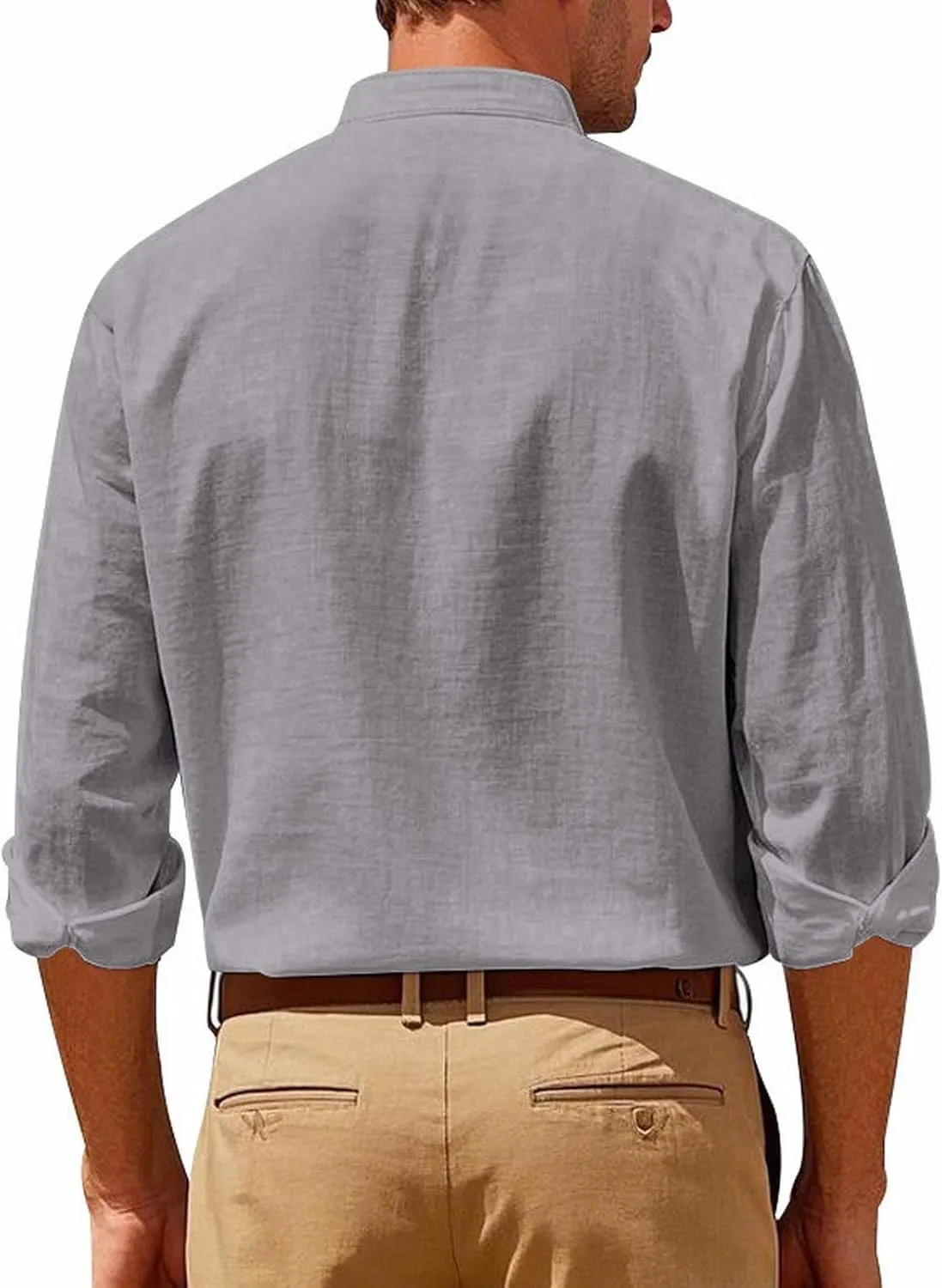 Mens Casual Long Sleeve Cotton Linen Shirts Buttons Down Solid Plain Roll-up Sleeves T-Shirt Henely Summer Beach Tops
