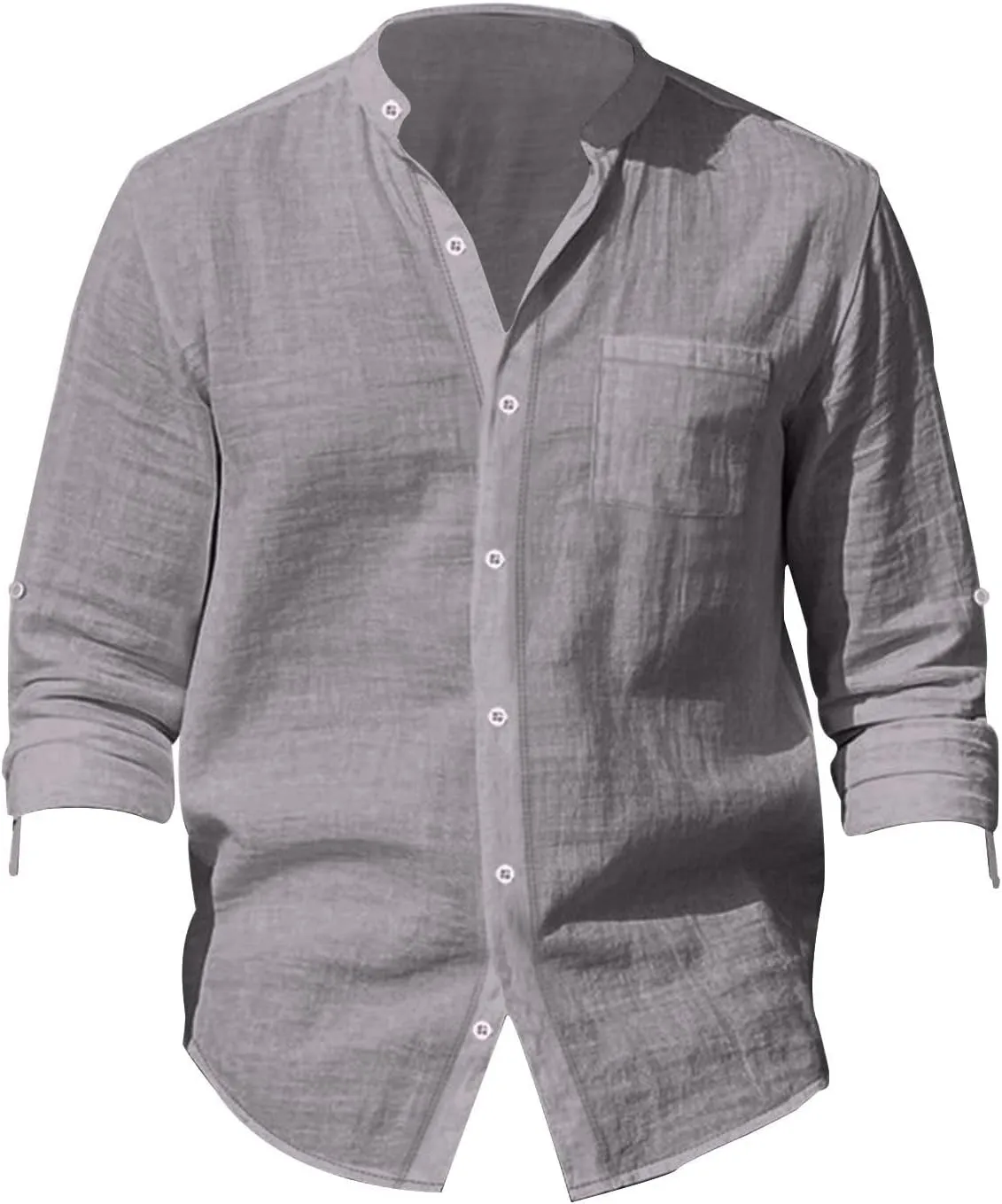 Mens Casual Long Sleeve Cotton Linen Shirts Buttons Down Solid Plain Roll-up Sleeves T-Shirt Henely Summer Beach Tops