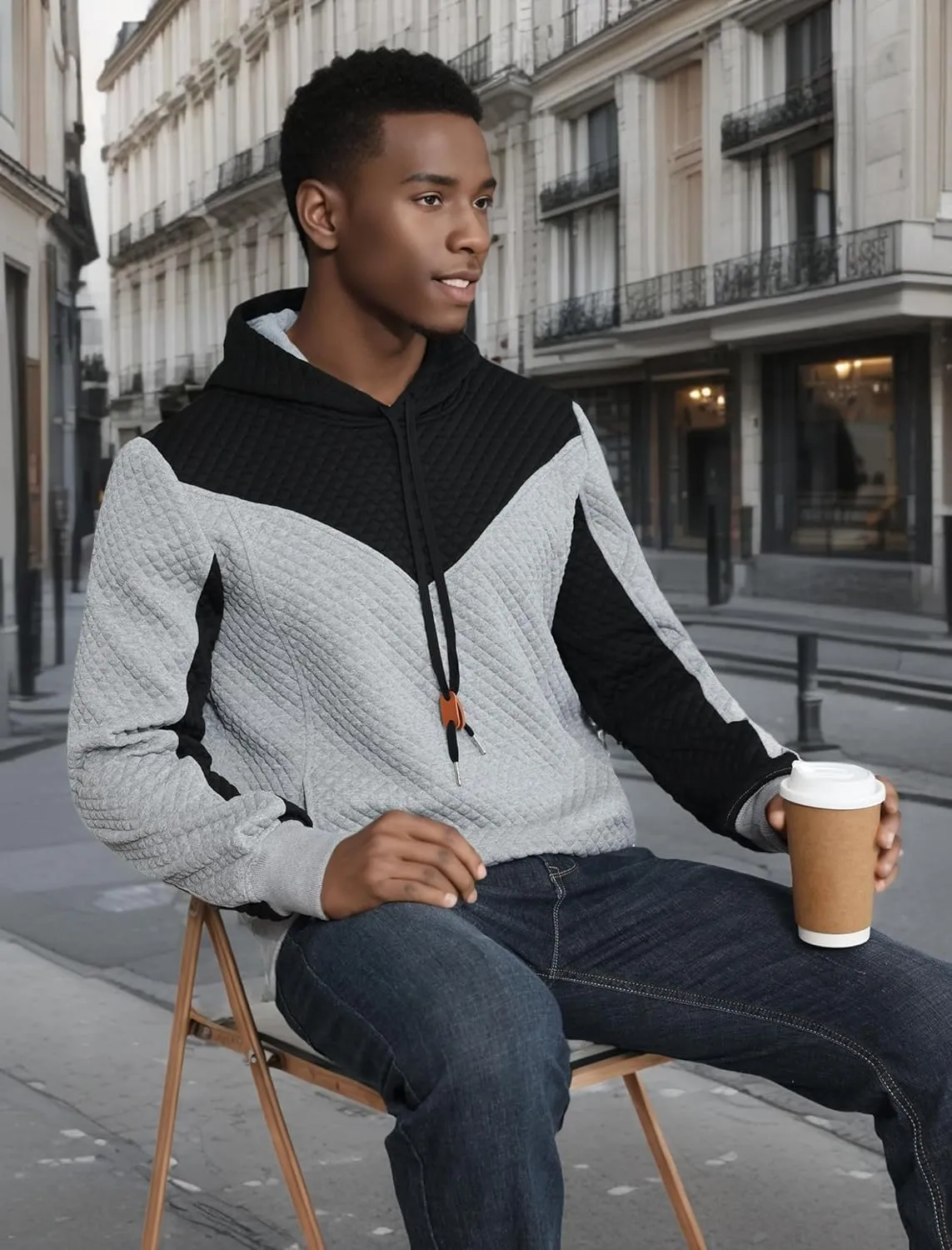 Men's Hooded Sweatshirts Long Sleeve Color Block Casual Pullover Hoodie Plaid Jacquard Sweatshirt with Pocket