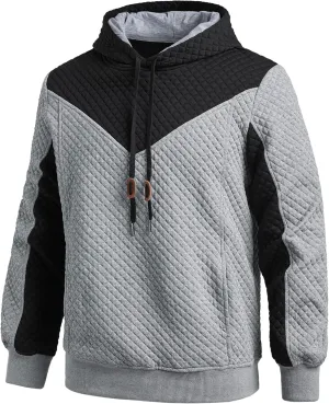 Men's Hooded Sweatshirts Long Sleeve Color Block Casual Pullover Hoodie Plaid Jacquard Sweatshirt with Pocket