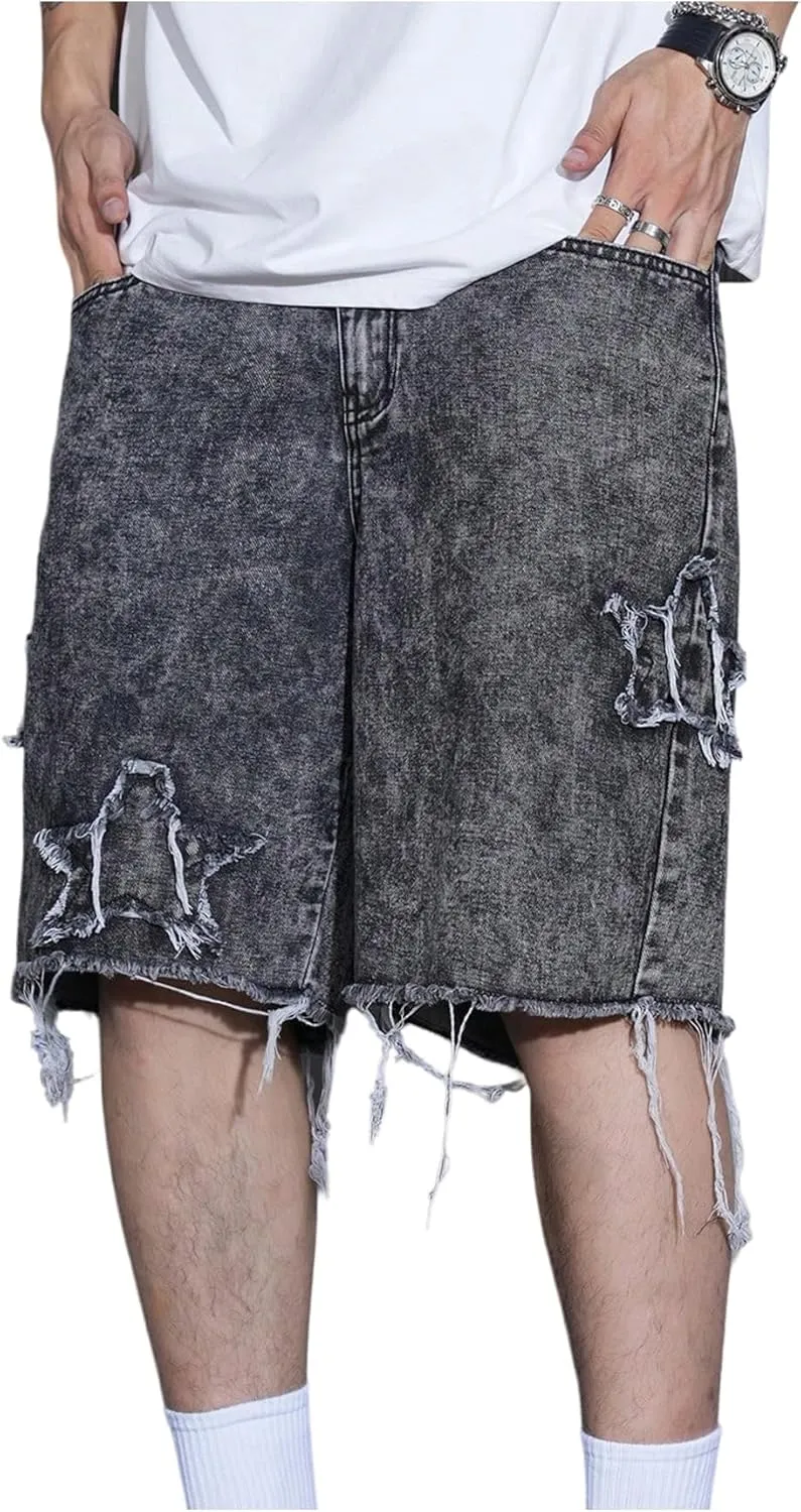 Men's Star Distressed Denim Shorts Straight Leg Streetwear Loose Jean Shorts