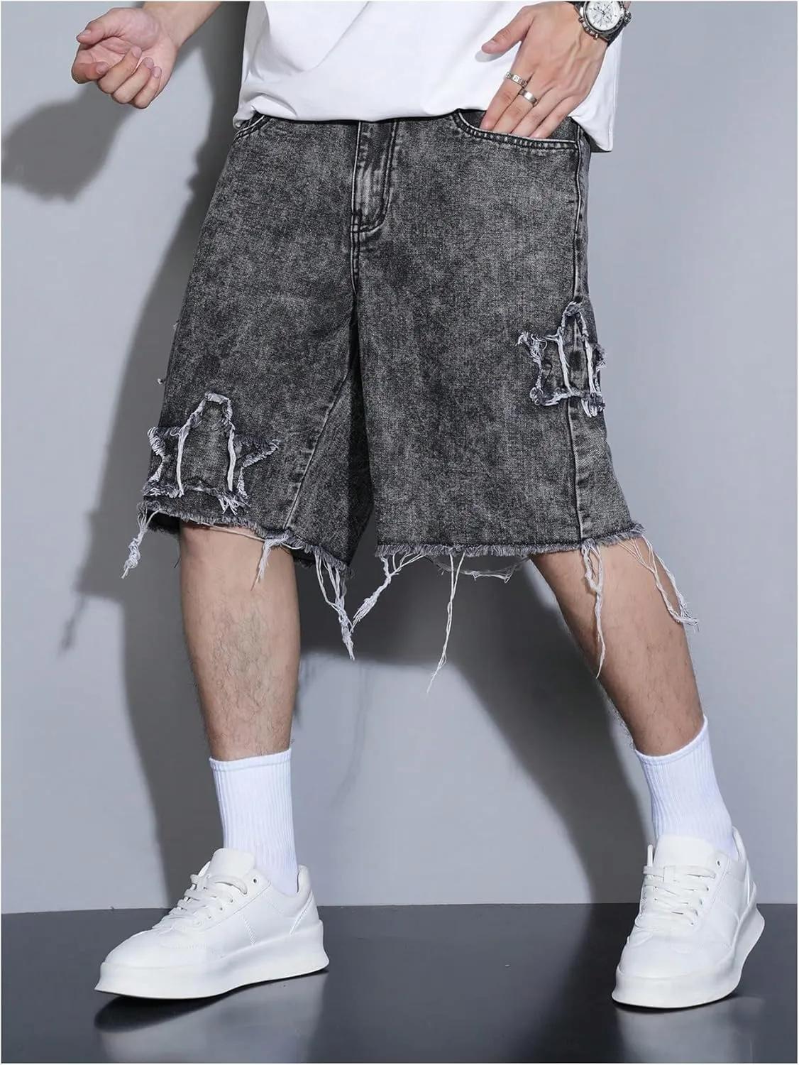 Men's Star Distressed Denim Shorts Straight Leg Streetwear Loose Jean Shorts