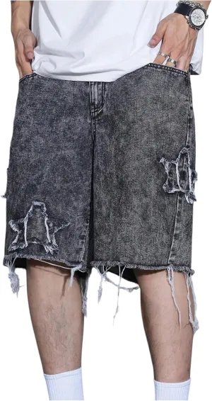 Men's Star Distressed Denim Shorts Straight Leg Streetwear Loose Jean Shorts