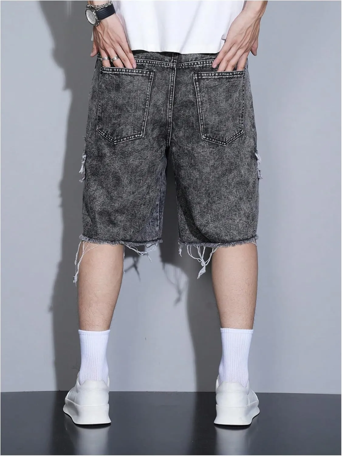 Men's Star Distressed Denim Shorts Straight Leg Streetwear Loose Jean Shorts