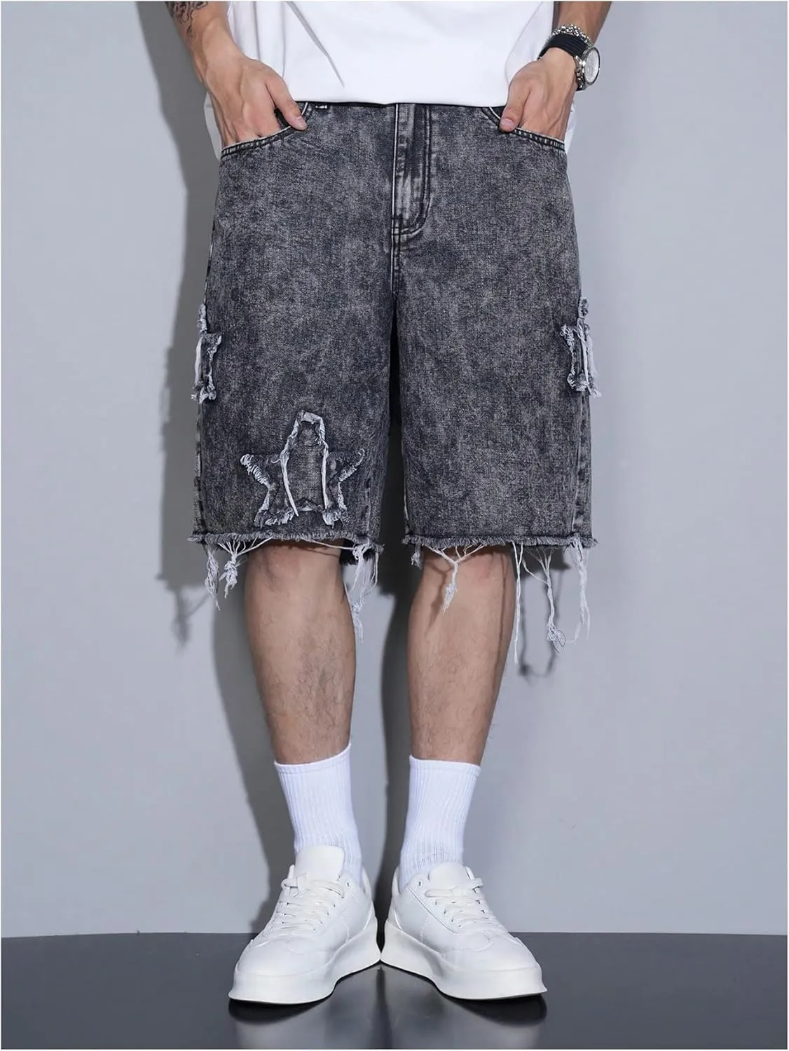 Men's Star Distressed Denim Shorts Straight Leg Streetwear Loose Jean Shorts