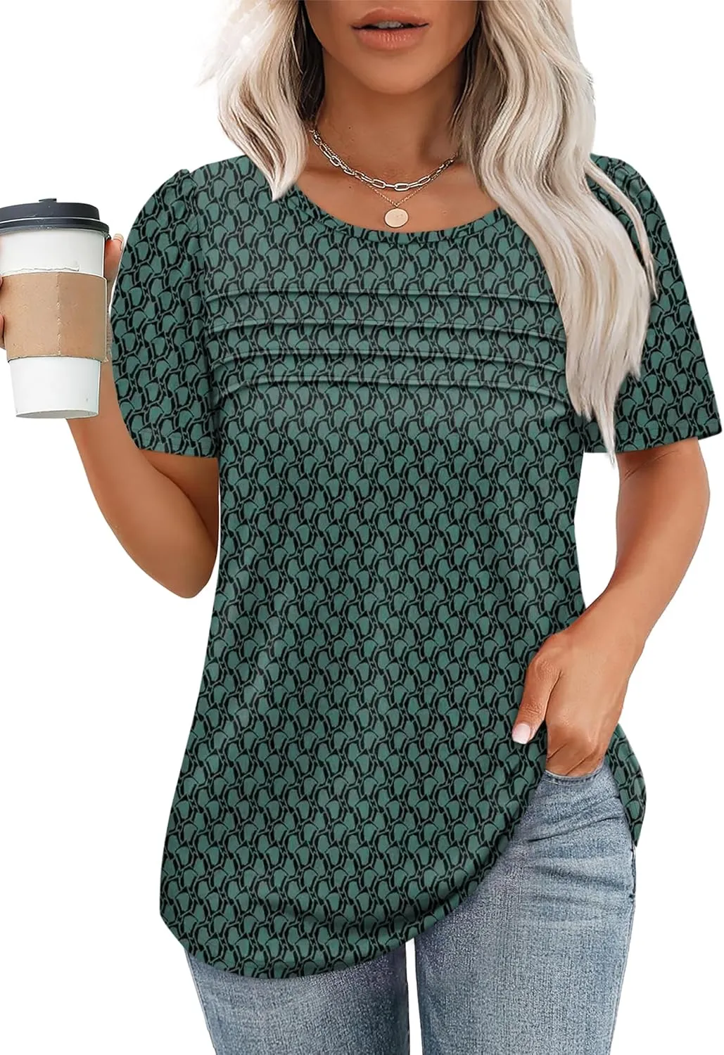 OFEEFAN Womens T Shirts Short Sleeve Tops Dressy Casual Blouses Spring Summer Outfits Flowy Pleated Front Scooped Neck