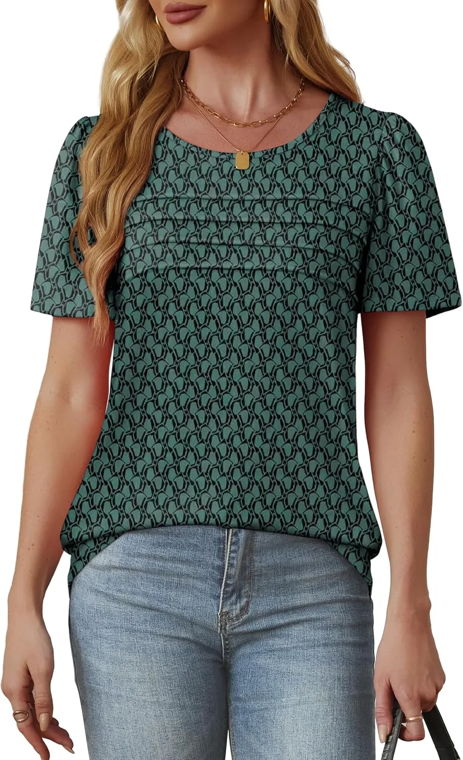 OFEEFAN Womens T Shirts Short Sleeve Tops Dressy Casual Blouses Spring Summer Outfits Flowy Pleated Front Scooped Neck