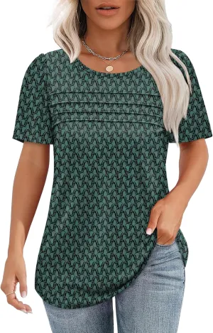 OFEEFAN Womens T Shirts Short Sleeve Tops Dressy Casual Blouses Spring Summer Outfits Flowy Pleated Front Scooped Neck
