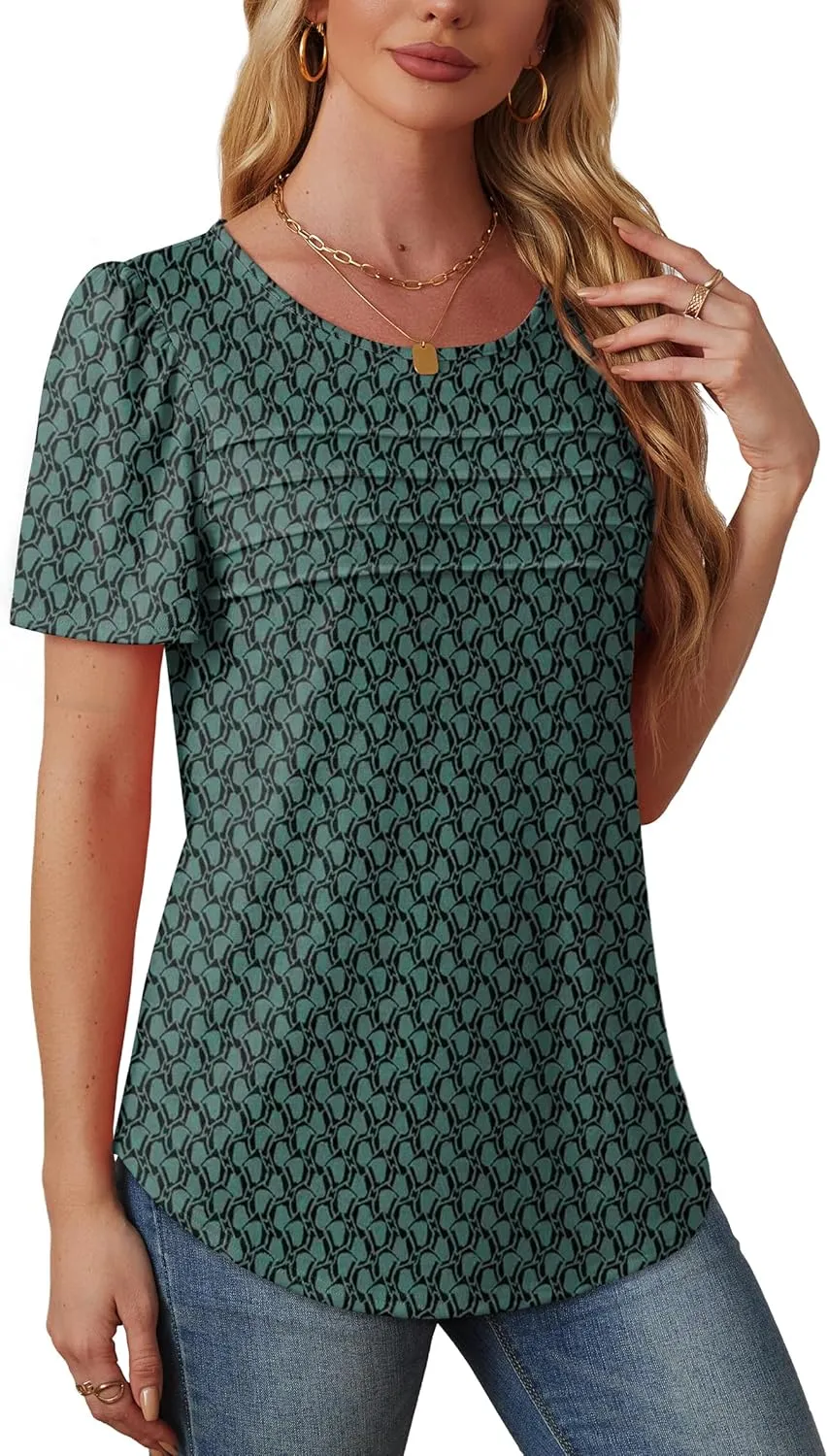 OFEEFAN Womens T Shirts Short Sleeve Tops Dressy Casual Blouses Spring Summer Outfits Flowy Pleated Front Scooped Neck