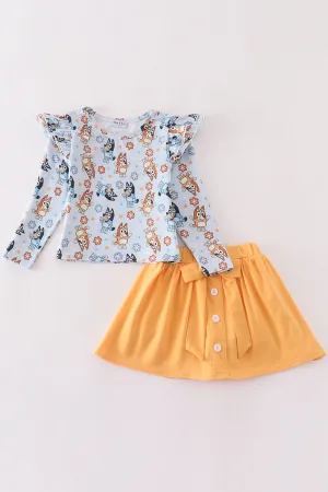 Orange character print girl skorts set
